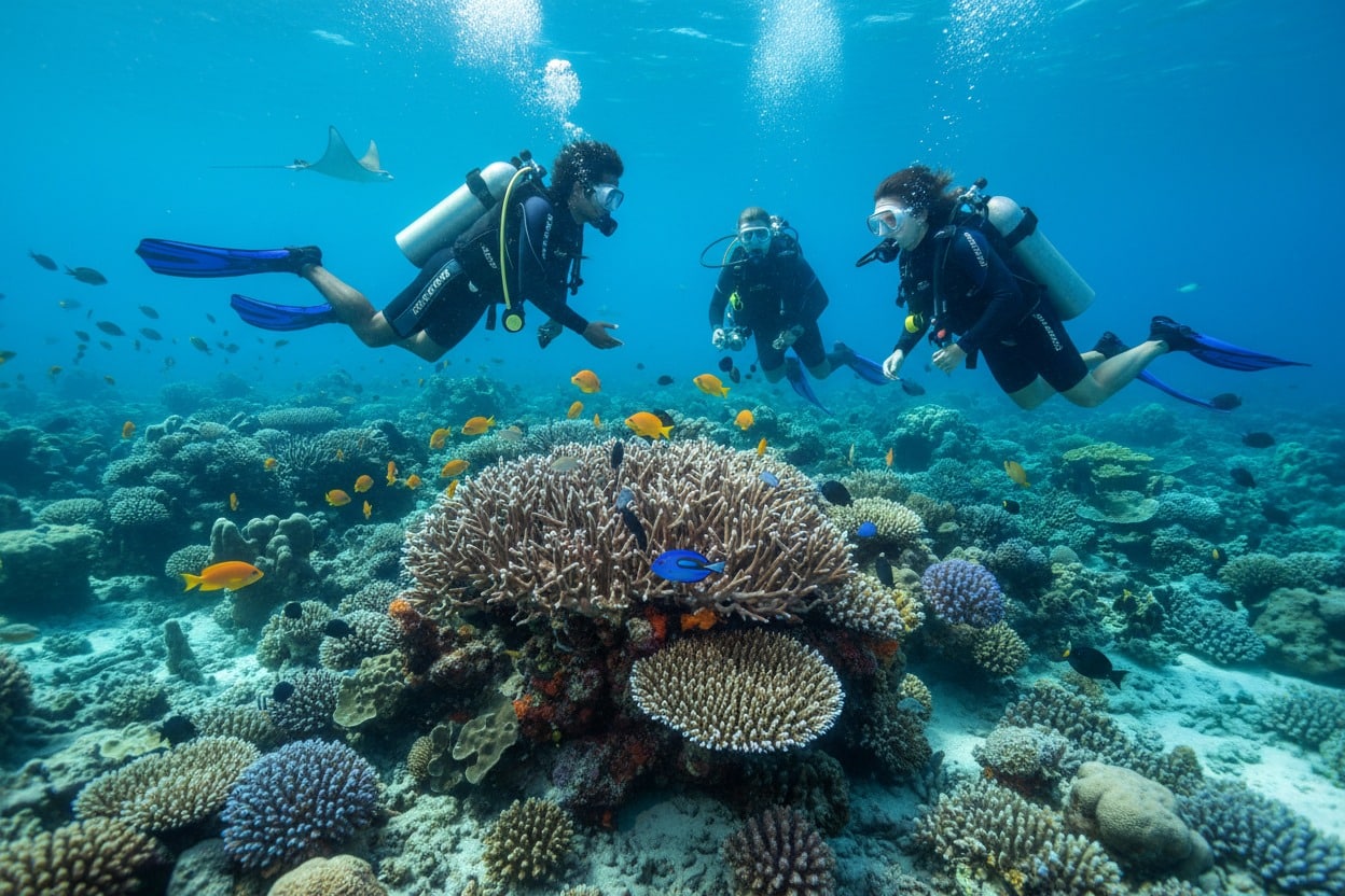 buceando en omadhoo en las islas maldivas en un arrecife de coral con omadhoo dive tours